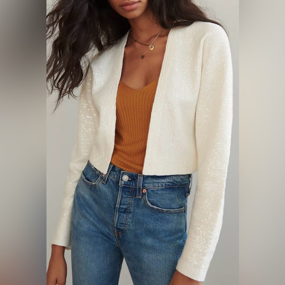 Anthropologie * Maeve Artemia Sequined Cardigan, Ivory / Cream, Women’s M/L